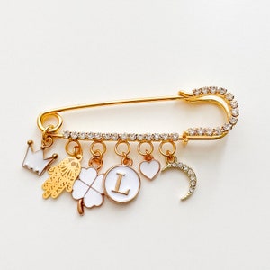 Rhinestone pin with 5-6 charms, stroller pin, baby brooch, baby girl, baby boy, for birth, pin, personalized gift