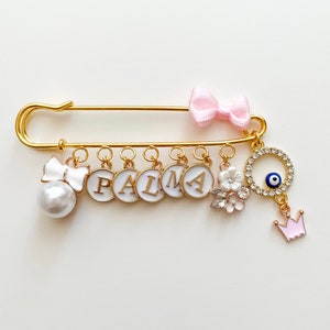 Pin with 9 charms, stroller pin, baby brooch, baby girl, baby boy, baby shower, for birth, personalized gift