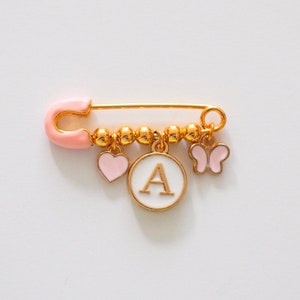 Pink pin with 3 charms, stroller pin, baby brooch, baby girl, baby boy, baby shower, for birth, personalized gift