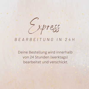 Puede incluir: Un fondo rosa claro con purpurina dorada. El texto "Express BEARBEITUNG IN 24H" está escrito en marrón. El texto "Deine Bestellung wird innerhalb von 24 Stunden (werktags) bearbeitet und verschickt." está escrito en marrón.
