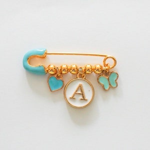 Light blue pin with 3 charms, stroller pin, baby brooch, baby girl, baby boy, baby shower, birth, personalized gift