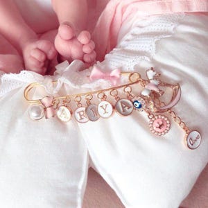 Pin with 10 charms, stroller pin, baby brooch, baby girl, baby boy, baby shower, for birth, personalized gift