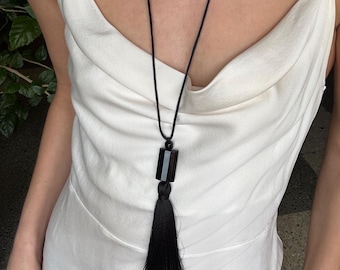 Corded Stone Necklace with tassel pendant | TRINITY ONYX TASSEL