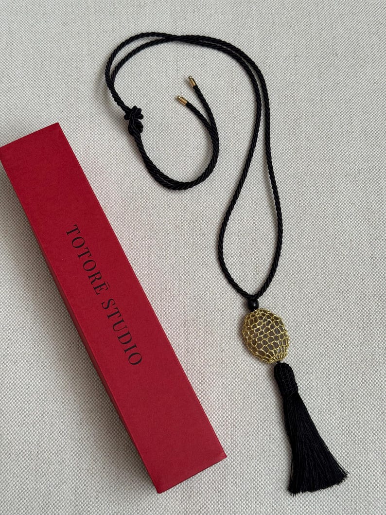 Gold Net necklace with gemstone and tassel image 2