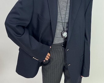 Vintage Pure Wool Blazer: Navy Blue Oversize Jacket with Gold Buttons