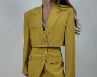 Reworked Vintage Wool Skirt Suit Set: Cropped Blazer, Fitted Skirt