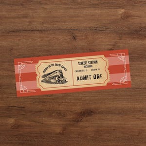 May include: A vintage-style ticket with the text "Murder on the Orient Express" and "Admit One." The ticket is primarily red and cream-colored, featuring an illustration of a train and the text "Sirkeci Station, Istanbul."