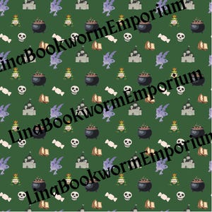 May include: A repeating pattern on a green background features a variety of Halloween-themed illustrations. These include skulls, cauldrons, castles, dragons, books, candy, and potion bottles. The text "LinaBookwormEmporium" is overlaid on the image.