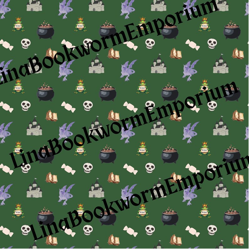 May include: A repeating pattern on a green background features a variety of Halloween-themed illustrations. These include skulls, cauldrons, castles, dragons, books, candy, and potion bottles. The text "LinaBookwormEmporium" is overlaid on the image.