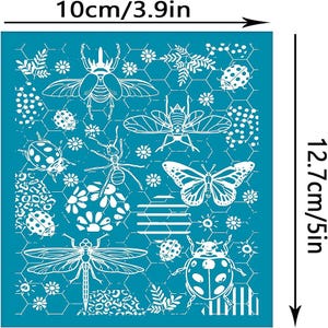 May include: A blue stencil with a white design of various insects, including a beetle, butterfly, dragonfly, and ladybugs. The stencil is 10cm/3.9in wide and 12.7cm/5in tall.