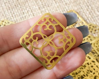 Gold Filigree Square Connectors, Brass Diamond Scroll Links, Jewelry Findings