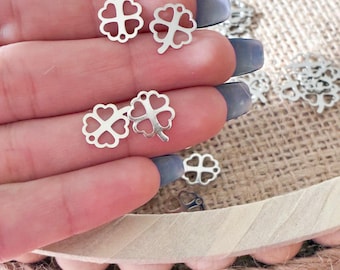 Tiny Silver Clover Charms, Small Four Leaf Clover Brass Findings with Loop