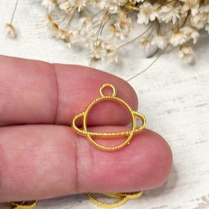 May include: A gold-colored charm in the shape of a planet, featuring a central ring and two outer rings. The charm is held between fingers, with a blurred background of white flowers.