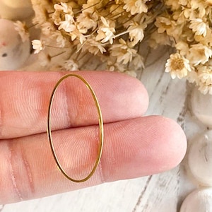 May include: A thin gold oval ring, held between two fingers.