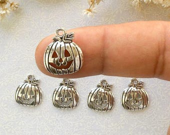 May include: Five silver pumpkin charms with a jack-o'-lantern face. The charms are about 1 inch in size and have a loop for hanging.
