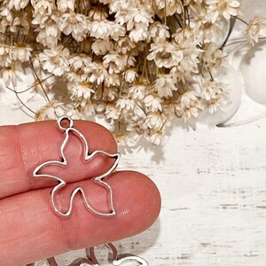 May include: A silver-colored, open-frame flower charm with five petals. The charm is held up against a background of dried white flowers. The charm has a small loop at the top for attaching to a chain or other jewelry.