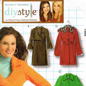 May include: A sewing pattern for a women's jacket with a V-neck and a wrap style. The pattern is from McCall's and is called "diystyle". The pattern is for sizes 12-14-16-18. The pattern is shown on a model wearing a bright orange jacket.