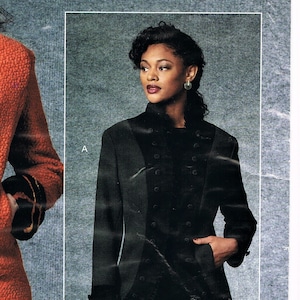 May include: Vogue Patterns sewing pattern for a jacket with two different styles. The first style is a red jacket with black trim and the second style is a black jacket with a ruffled collar. The pattern is called "Today's Fit" by Sandra Betzina.