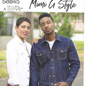 May include: A sewing pattern for a denim jacket, with the Simplicity logo and the text "Sew Along with Mimi G" and a link to a YouTube channel. The pattern number is S8845.