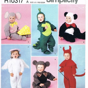 May include: Simplicity sewing pattern R10317 for making six baby costumes: a mouse, a dinosaur, a panda, an angel, a monkey, and a devil. The pattern includes instructions and templates for each costume.