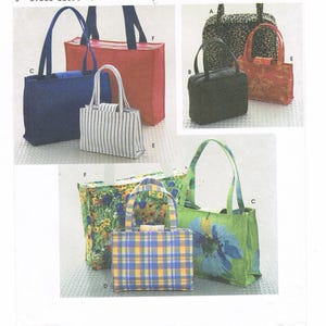 May include: Simplicity Crafts pattern featuring various tote bag designs. The bags are shown in different colors and patterns, including solid blue and red, leopard print, floral, and striped. The pattern includes the text "ONE SIZE" and the number "8331".