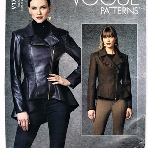 May include: Vogue Patterns sewing pattern for a jacket with a zipper closure and a peplum hem. The pattern includes two views: a black leather jacket and a brown fabric jacket.