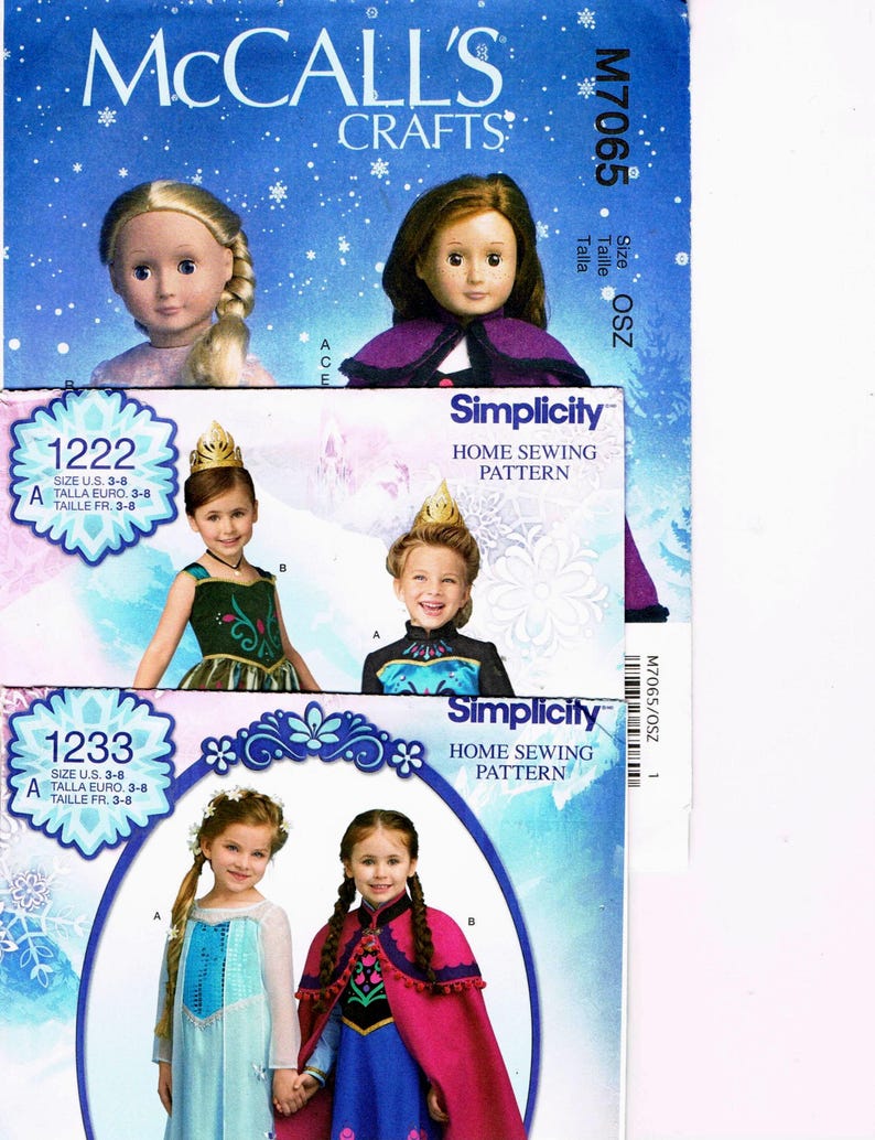 May include: Sewing patterns featuring children's costumes. The patterns include designs for dresses and capes. The top of the image has the text "McCall's Crafts". The bottom patterns are from "Simplicity". The patterns are for sizes 3-8.