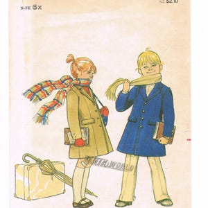 May include: Vintage sewing pattern for children's coats. The pattern is for a blue coat with a tan collar and a tan coat with a red and blue plaid scarf. The pattern number is Butterick 4065 and the price is $2.00.