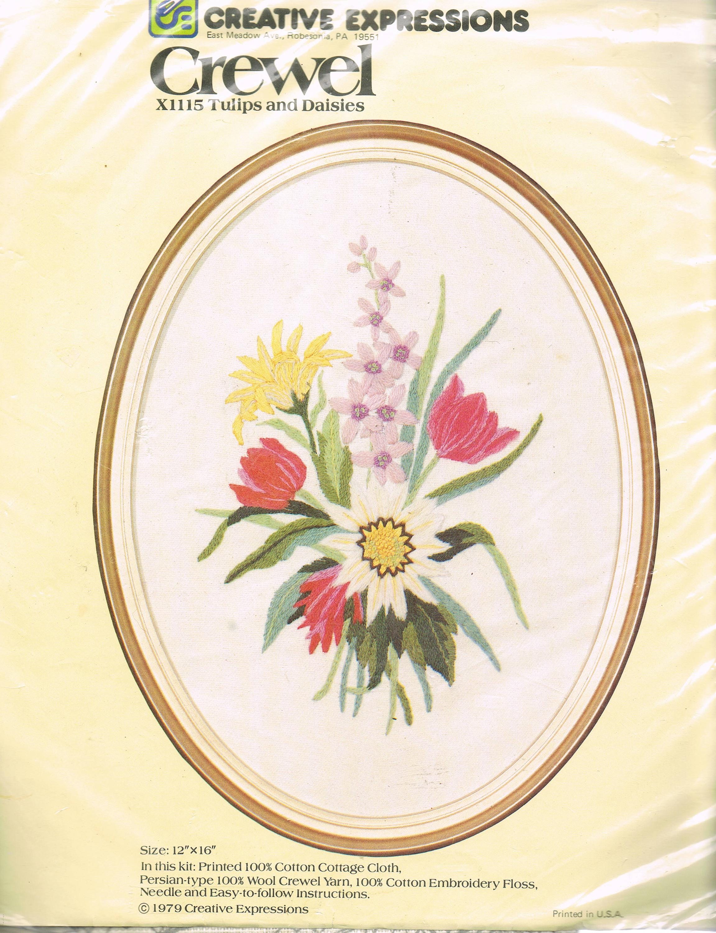 Unopened Vintage 70s Tulips and Daisies Crewel Embroidery Kit by Creative Expressions floral crewel pillow wall hanging framed to frame wool