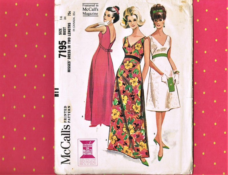 Sz 14 bust 34 vintage dress pattern 1960/'s dress pattern 60/'s style pattern easy to sew pattern how to sew v neck dress pattern maxi dress