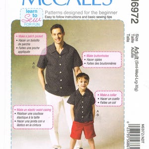 May include: Sewing pattern for a shirt with instructions in English and French. The pattern is for adults and includes sizes small, medium, large, and extra large. The pattern is from McCall's and has the number M6972.