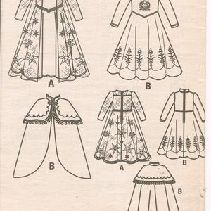 May include: A vintage sewing pattern featuring multiple dress designs. The illustrations include long-sleeved dresses with floral and geometric patterns, a cape, and a short cape. The designs are in black and white.