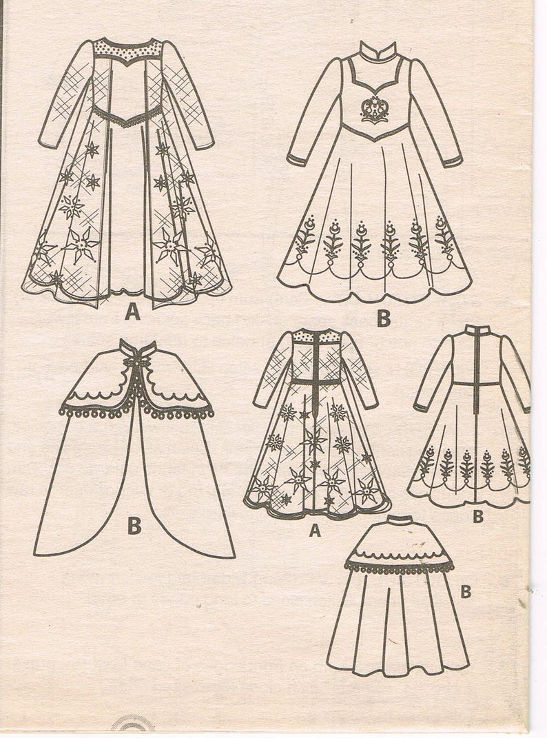 May include: A vintage sewing pattern featuring multiple dress designs. The illustrations include long-sleeved dresses with floral and geometric patterns, a cape, and a short cape. The designs are in black and white.