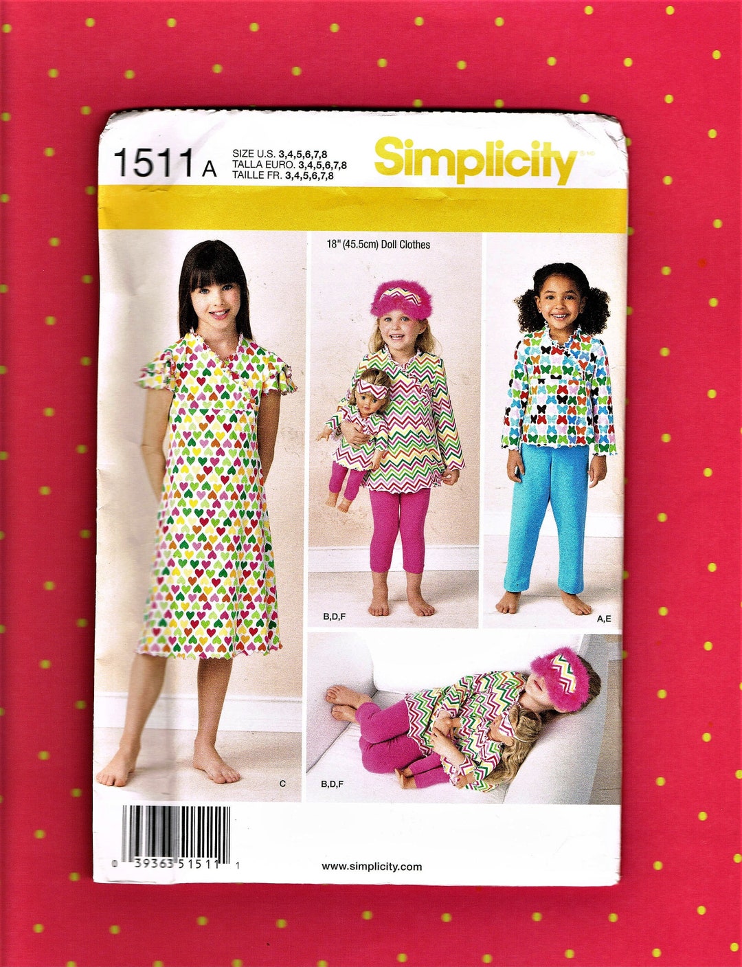 UNCUT Sz 3-8 Girls Matching Doll Pajamas & Mask Simplicity 1511 Pattern ...