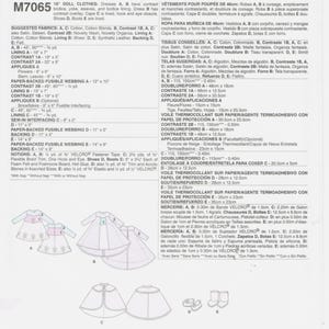 May include: Sewing pattern M7065 for 18" doll clothes, including dresses, a cape, and shoes. The pattern includes suggested fabrics and notions. The price is $17.95.