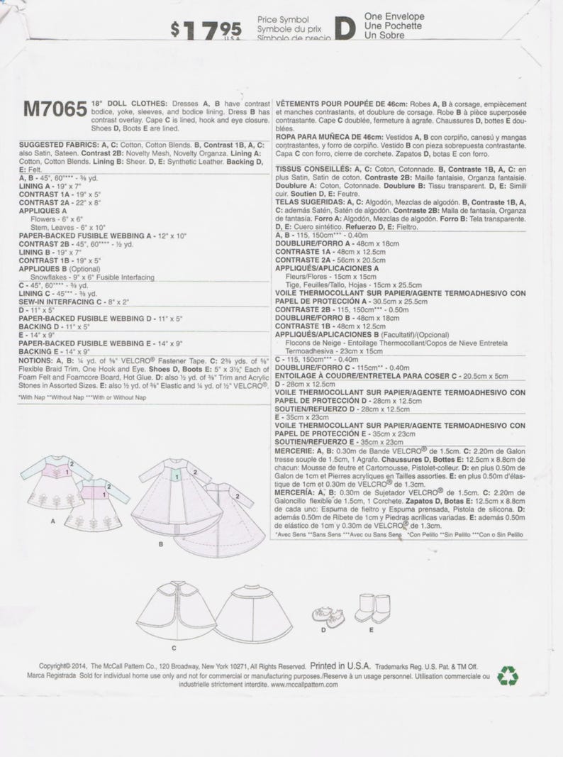 May include: Sewing pattern M7065 for 18" doll clothes, including dresses, a cape, and shoes. The pattern includes suggested fabrics and notions. The price is $17.95.