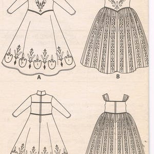 May include: Line drawings of four dresses. Two have long sleeves and high collars, with decorative patterns on the bodice and hem. The other two dresses have short sleeves and a striped skirt design. The dresses are labeled A and B.