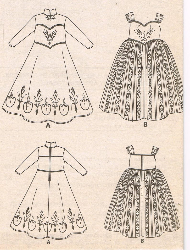 May include: Line drawings of four dresses. Two have long sleeves and high collars, with decorative patterns on the bodice and hem. The other two dresses have short sleeves and a striped skirt design. The dresses are labeled A and B.