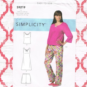 May include: A sewing pattern for a pink top, a sleeveless top, a dress, and pants. The pattern is from Simplicity and the pattern number is S9219. The size is XS-XL.