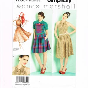 May include: Simplicity sewing pattern 1755 D5 by Leanne Marshall. The pattern features illustrations of three different dress designs. The size range is U.S. 4-12, Euro 30-38, and French 32-40. The pattern includes a barcode and the Simplicity logo.
