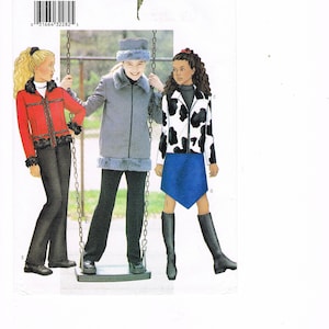 May include: A sewing pattern for girls' jackets, sizes 7-8 and 9-10. The pattern includes three different styles: a red jacket with black fur trim, a gray jacket with a fur collar, and a black and white cow print jacket. The pattern is from Butterick and has the number 6790.