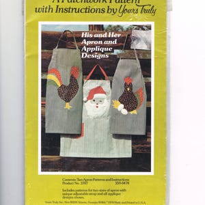 May include: A vintage sewing pattern for a his and her apron with applique designs. The pattern features a rooster, Santa Claus, and a hen. The pattern is titled "His and Her Apron and Applique Designs" and includes instructions. The product number is 3707.