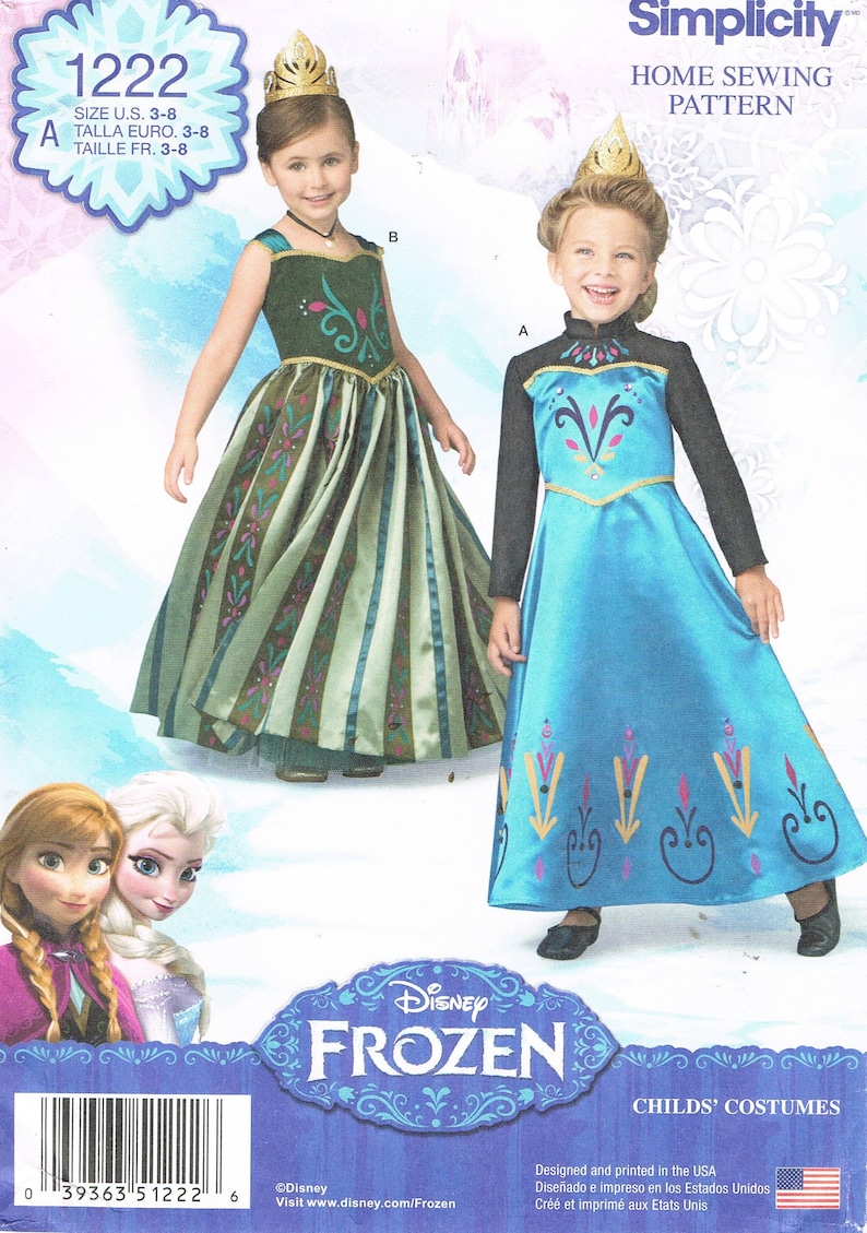 May include: Simplicity home sewing pattern for children's costumes. The image shows two young girls wearing dresses inspired by the Disney movie Frozen. The pattern includes sizes U.S. 3-8. The Disney Frozen logo is visible.