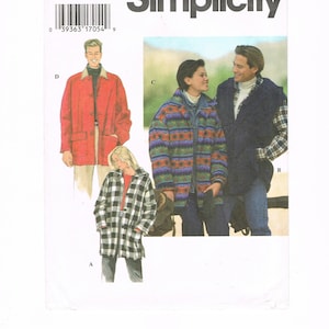 May include: Simplicity sewing pattern featuring coat designs. The pattern includes options for a red coat, a plaid coat, and a patterned jacket. The size range is XS, S, and M. The pattern number is 9714.