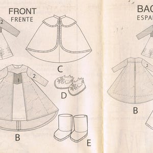 May include: Line drawings of a costume pattern with a dress, cape, and boots. The front and back views of the dress are shown, along with a cape and two pairs of footwear. The text "FRONT FRENE" and "BACK ESPALDA" are visible.