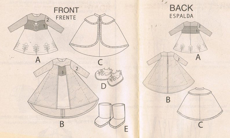 May include: Line drawings of a costume pattern with a dress, cape, and boots. The front and back views of the dress are shown, along with a cape and two pairs of footwear. The text "FRONT FRENE" and "BACK ESPALDA" are visible.