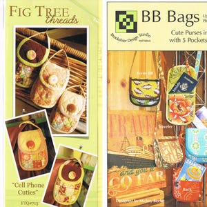 May include: A sewing pattern for three sizes of quilted bags called "BB Bags". The bags are made of colorful fabrics with floral and geometric patterns. The pattern includes instructions for making five pockets in each bag. The pattern is from Brookshier Design Studio.