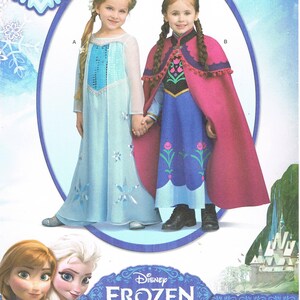 May include: Simplicity home sewing pattern featuring two children dressed as characters from Disney's Frozen. The pattern includes instructions for a light blue dress with snowflake details and a blue and pink dress with a cape. The pattern size is U.S. 3-8.