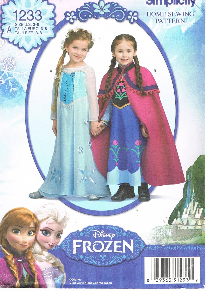May include: Simplicity home sewing pattern featuring two children dressed as characters from Disney's Frozen. The pattern includes instructions for a light blue dress with snowflake details and a blue and pink dress with a cape. The pattern size is U.S. 3-8.