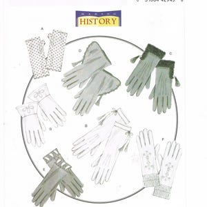 May include: A sewing pattern for gloves, with different styles and designs. The pattern is labeled "B5370 Butterick" and "Making History".